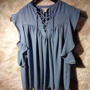 Belle Sky M slate blue laced bodice flutter sleeve unique blouse
